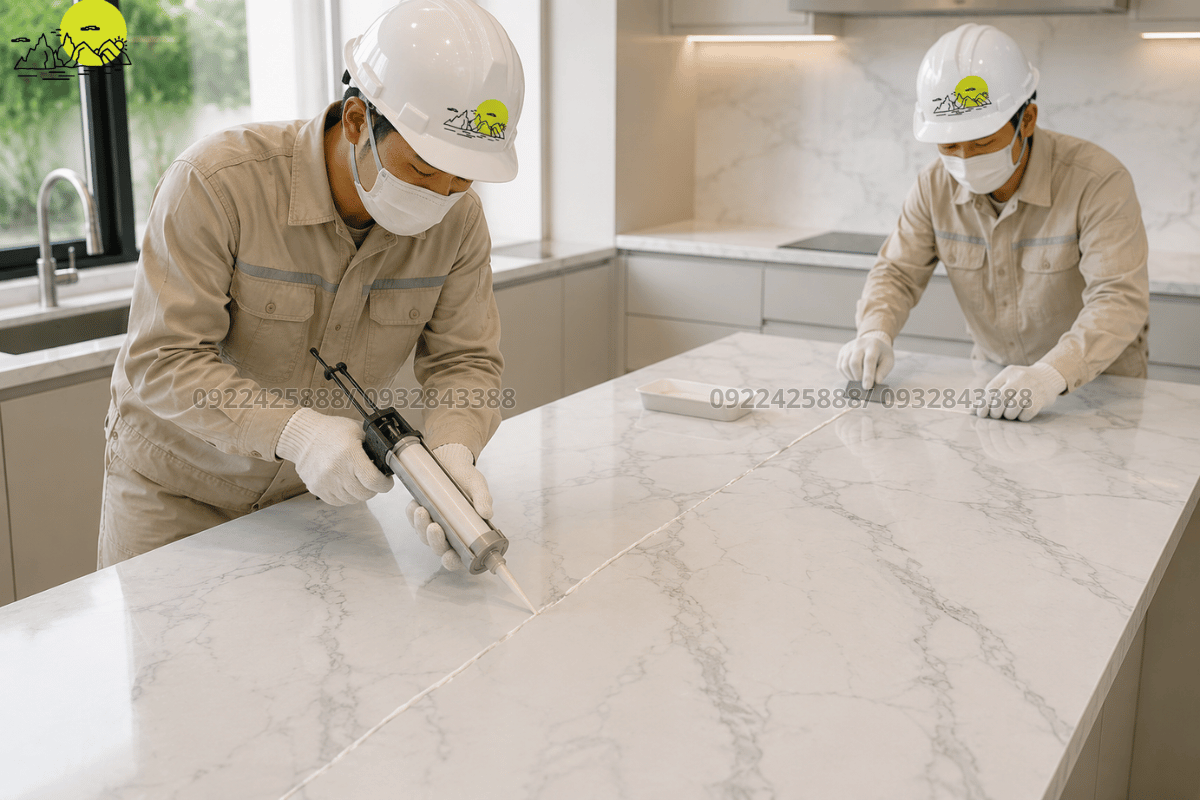 Thợ thi công tỉ mỉ tiến hành tra keo ron chuyên dụng xử lý mối nối vách đá trang trí