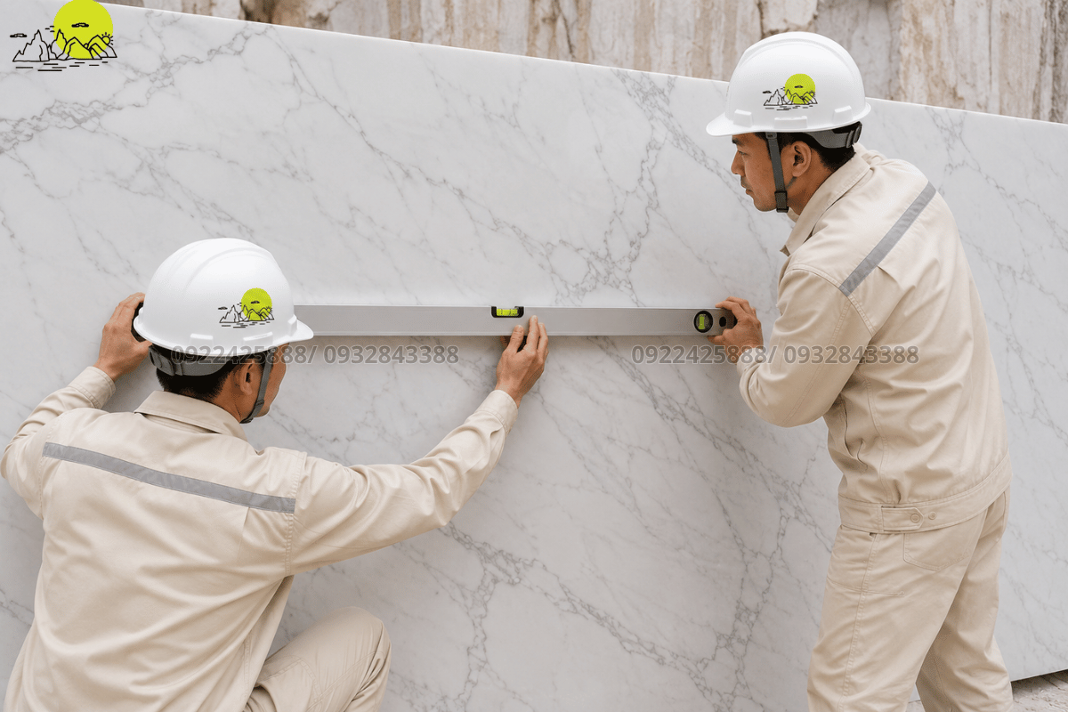 Chuyên viên kỹ thuật nghiệm thu kiểm tra độ phẳng mặt phẳng mảng vách đá bằng thước nivo chuyên dụng
