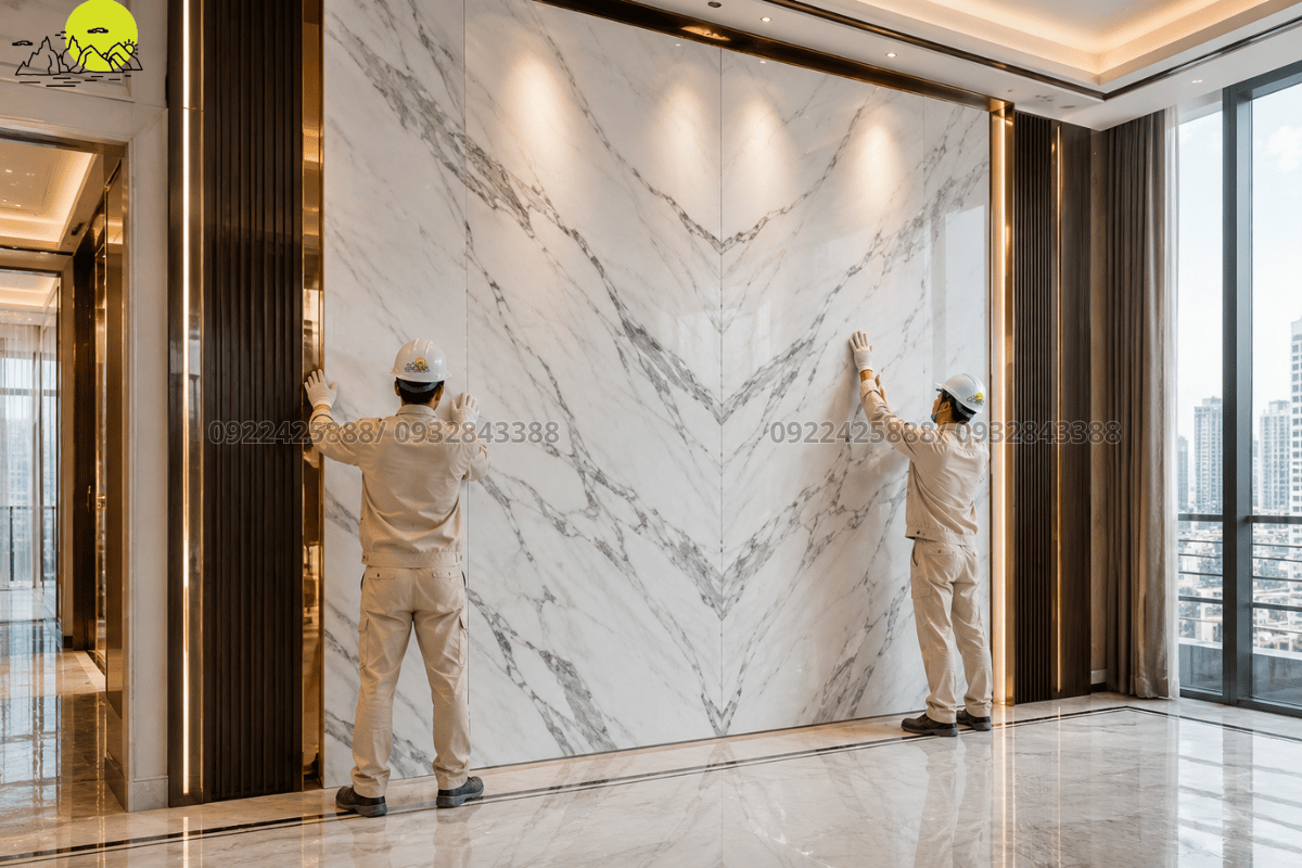 Thợ kỹ thuật tỉ mỉ căn chỉnh độ phẳng mạch ron cho mảng vách tivi đá nung kết hiện đại