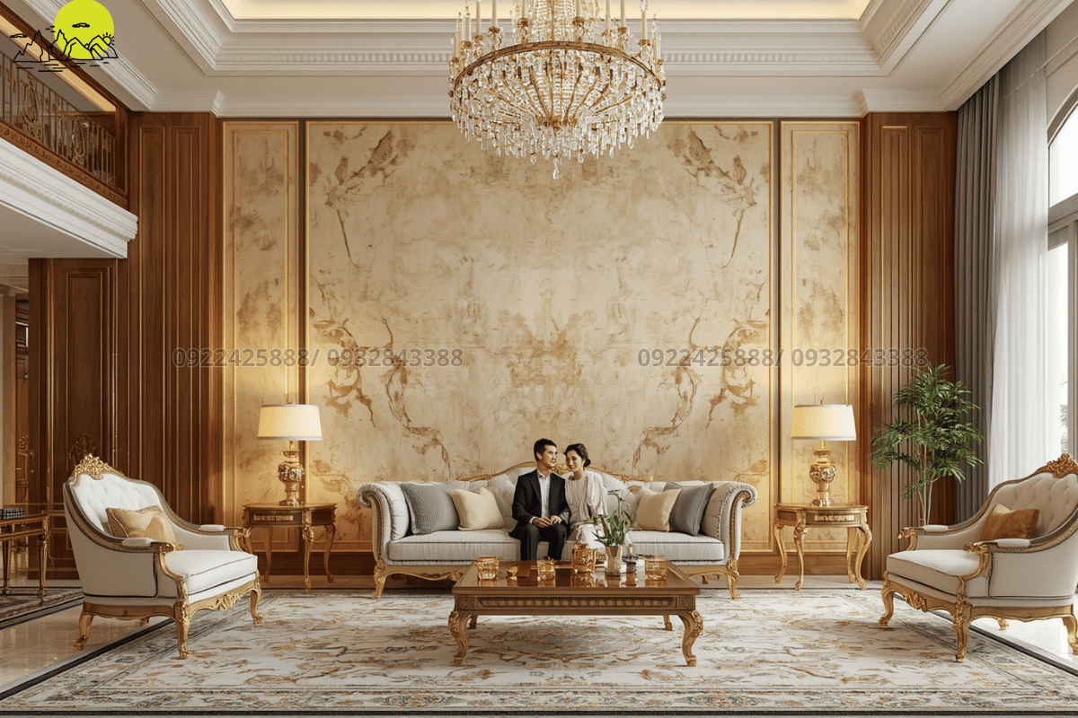 Vẻ đẹp hoài cổ quý phái của toàn cảnh phòng khách sảnh lớn ốp đá Travertine tự nhiên thô mộc