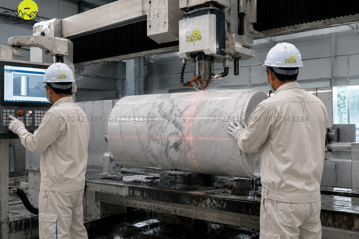 Thợ kỹ thuật gia công tấm đá ốp cột tròn bằng máy móc hiện đại tại nhà xưởng