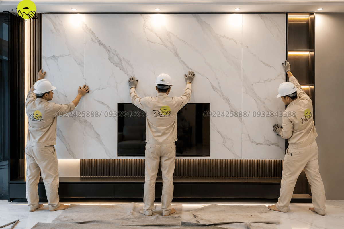 Quá trình lắp đặt mảng vách tivi và vách trang trí bằng đá nung kết luxury