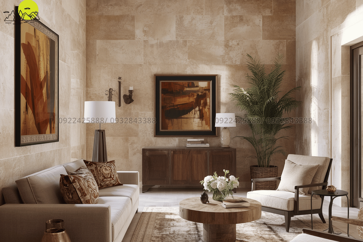 Không gian nội thất mộc mạc đẳng cấp với mảng vách trang trí đá Travertine tự nhiên