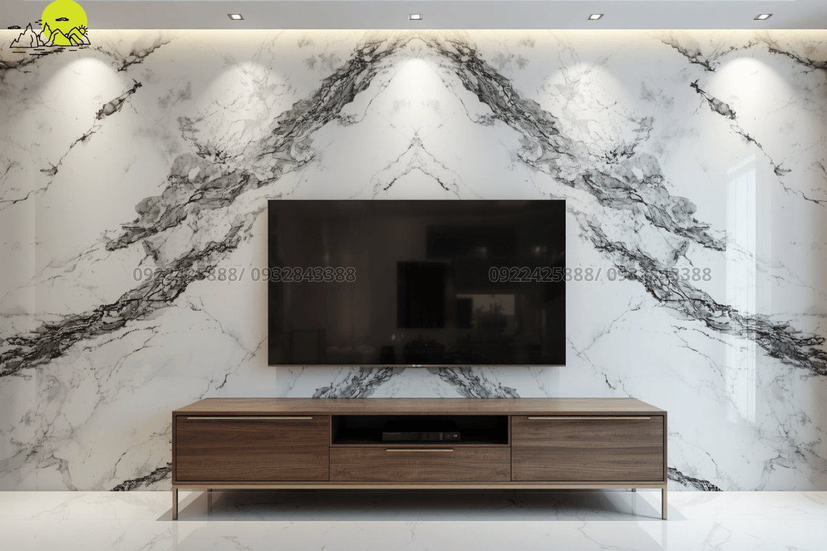 Thiết kế vách tivi phong cách tân cổ điển sử dụng đá Marble trắng Volakas đối vân nghệ thuật