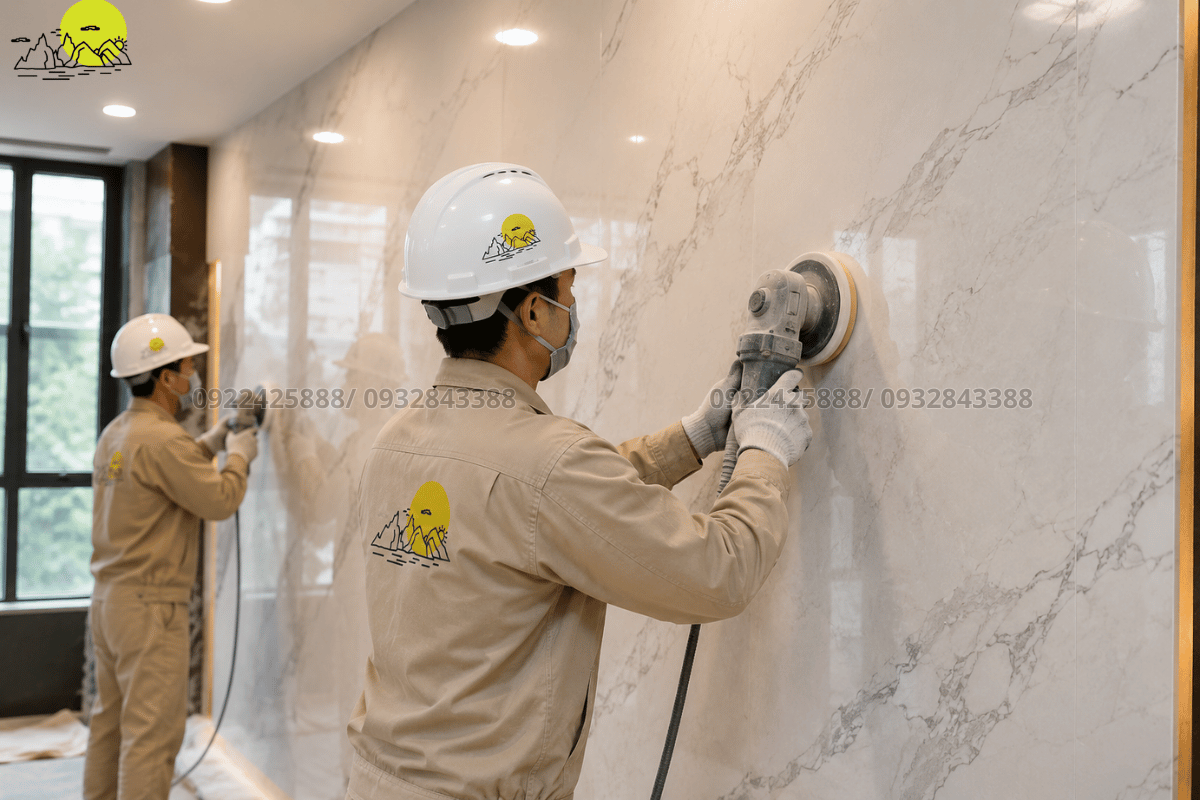 Thợ kỹ thuật tiến hành đánh bóng gương mảng vách tivi và vách trang trí đá Marble