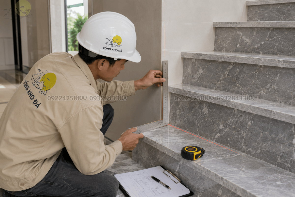 Kiểm tra độ vuông góc là bước quan trọng trong cách đo cầu thang để đặt đá