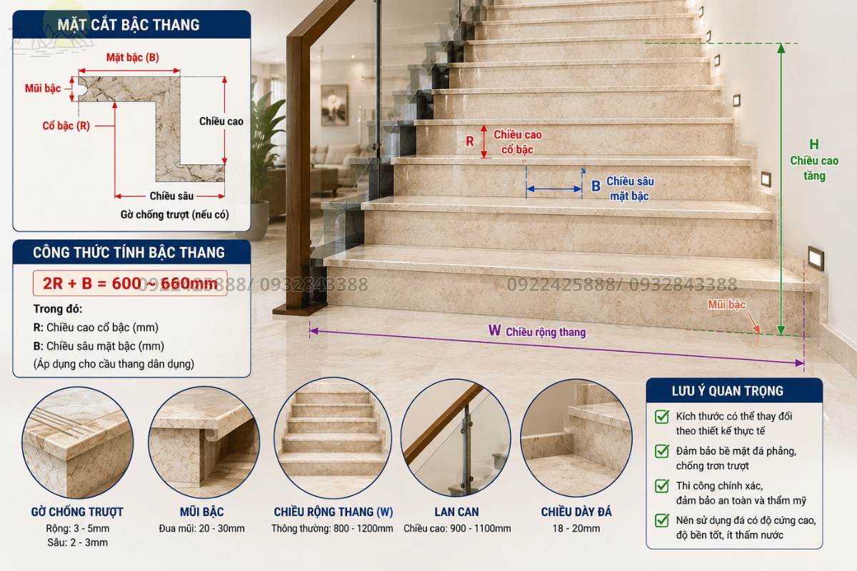 Các thông số cơ bản trong cách đo cầu thang để đặt đá
