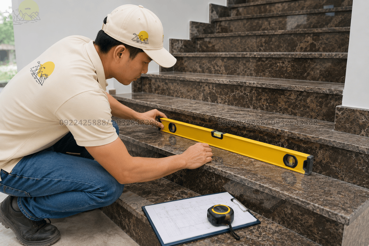 Kiểm tra độ phẳng bề mặt trong cách đo kích thước cầu thang trước khi thi công