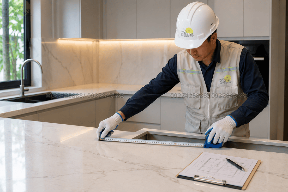 Hình ảnh thợ đo đạc mặt bàn bếp trước khi lắp đặt