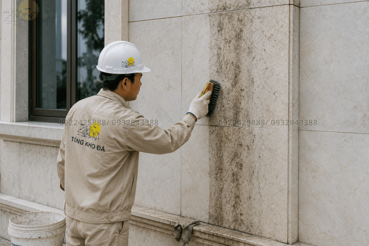 Làm sạch bề mặt là bước nền tảng để chống thấm đá mặt tiền hiệu quả