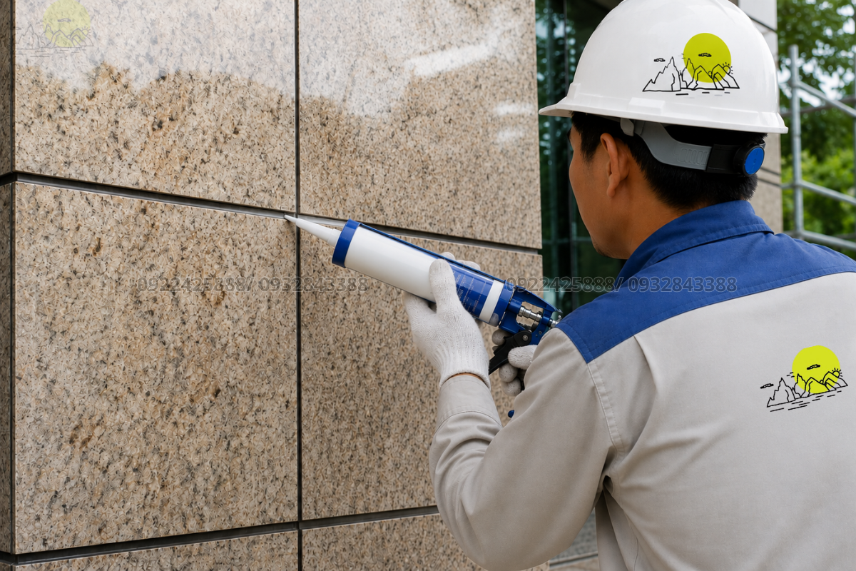 Chà ron bằng keo chuyên dụng cho các mạch đá mặt tiền