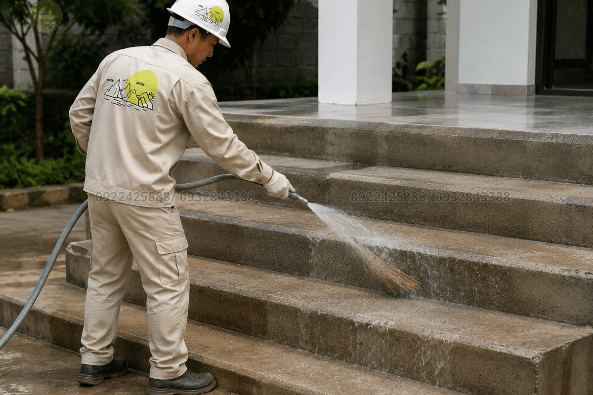 Vệ sinh và tạo ẩm bề mặt bê tông trước khi tiến hành ốp bậc cầu thang