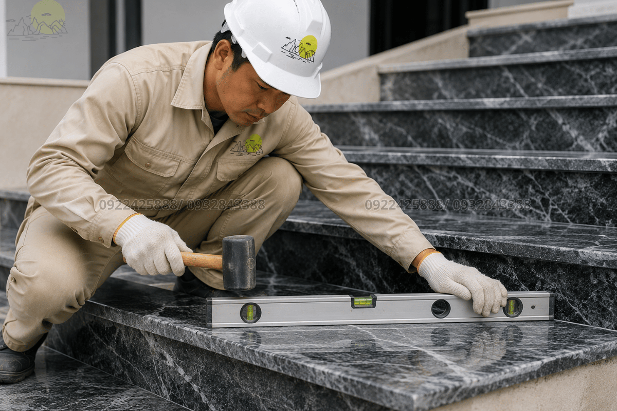 Ốp cổ bậc và mặt nằm cầu thang cẩn thận bằng búa cao su