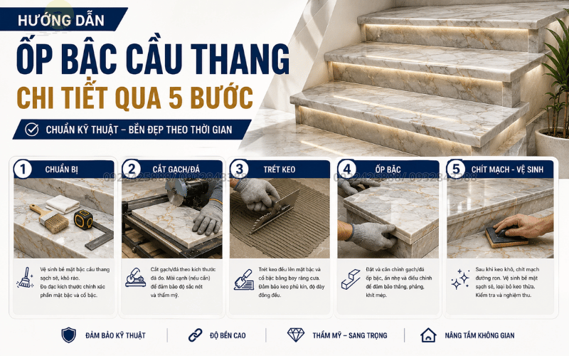 Hướng dẫn ốp bậc cầu thang chi tiết qua 5 bước chuẩn kỹ thuật