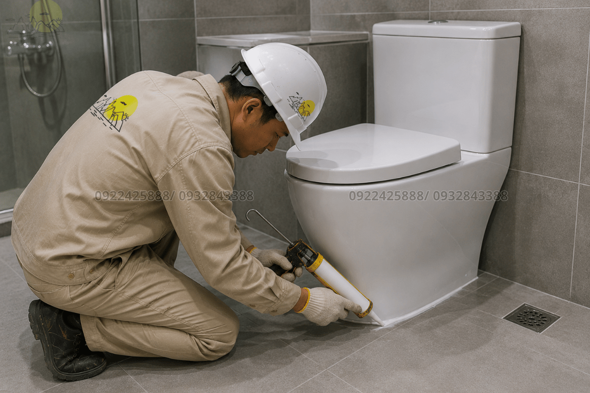 Thợ đang dùng súng bắn keo silicon miết viền chân bồn cầu