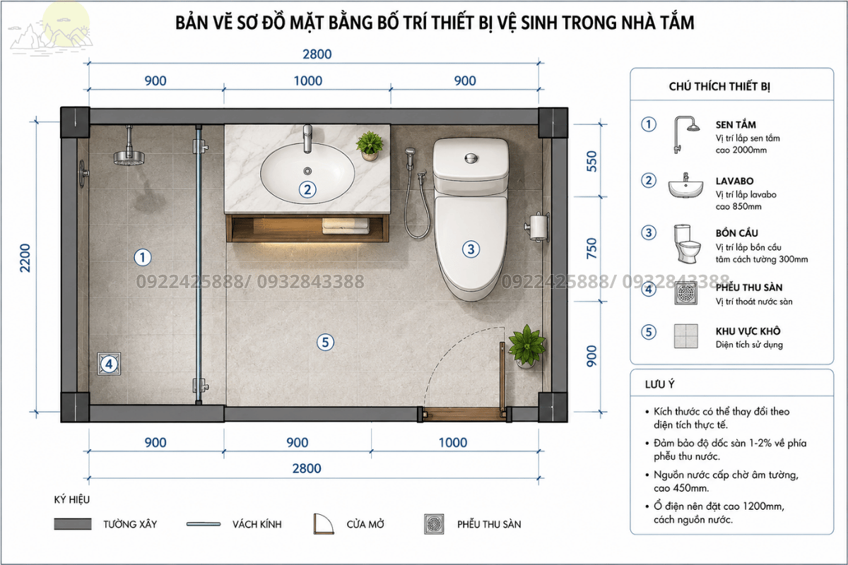 Bản vẽ sơ đồ mặt bằng bố trí các thiết bị vệ sinh trong nhà tắm