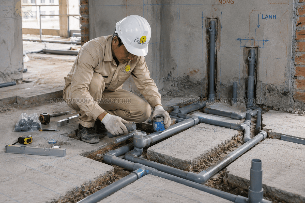 Thợ đang thi công lắp đặt hệ thống đường ống nước PVC âm sàn