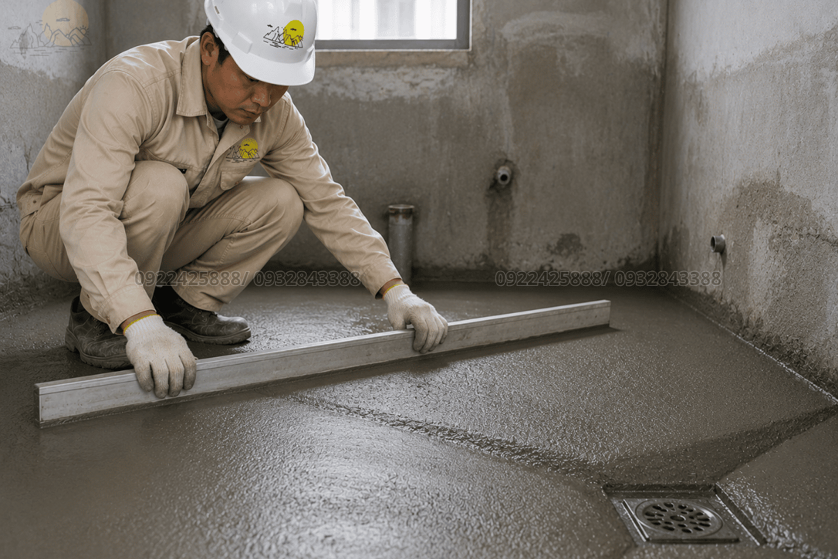 Thợ đang dùng thước nhôm gạt lớp vữa cán nền tạo độ dốc về phễu thoát sàn