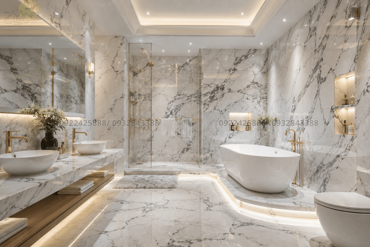 Hình ảnh không gian phòng tắm lộng lẫy được ốp toàn bộ bằng đá Marble vân mây cao cấp của Tổng Kho Đá]