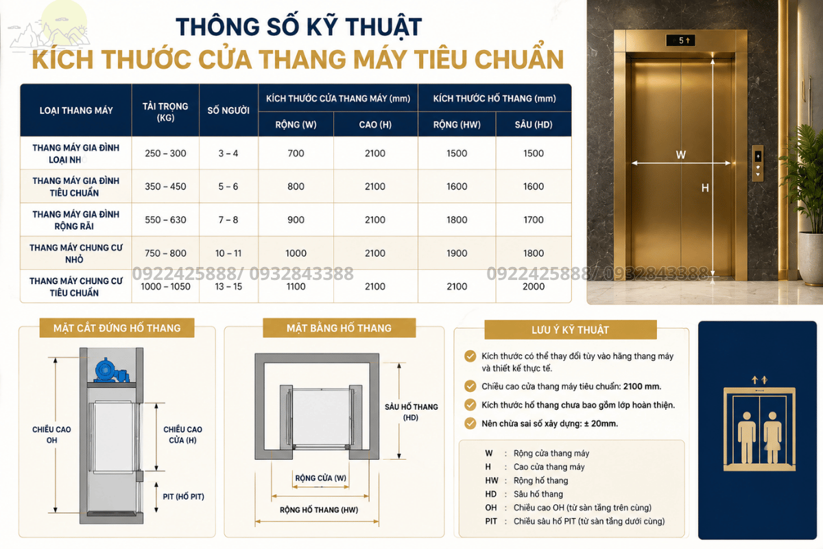 Bảng tra cứu kích thước cửa thang máy tiêu chuẩn cho từng tải trọng