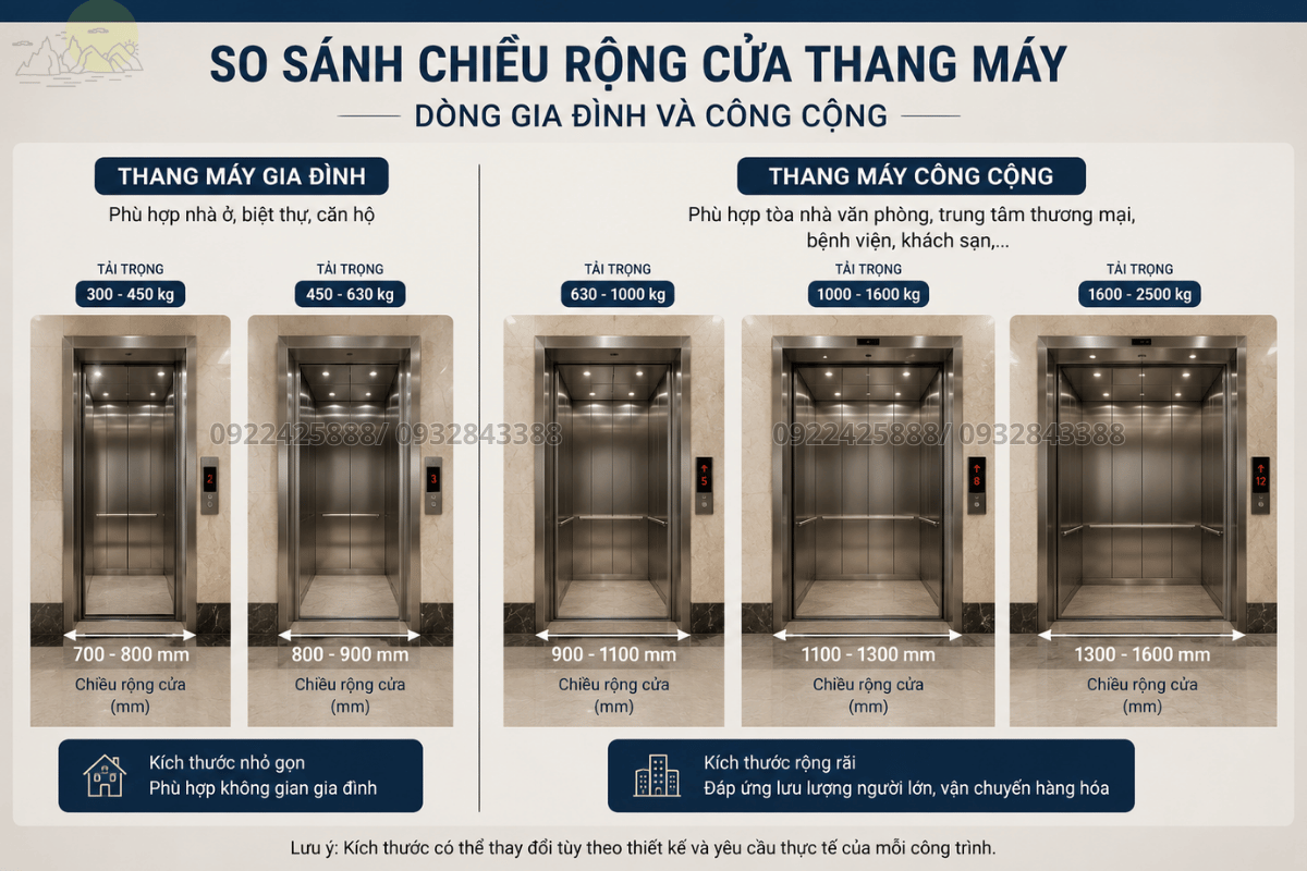 Sự khác biệt về kích thước cửa thang máy tiêu chuẩn giữa các dòng thang