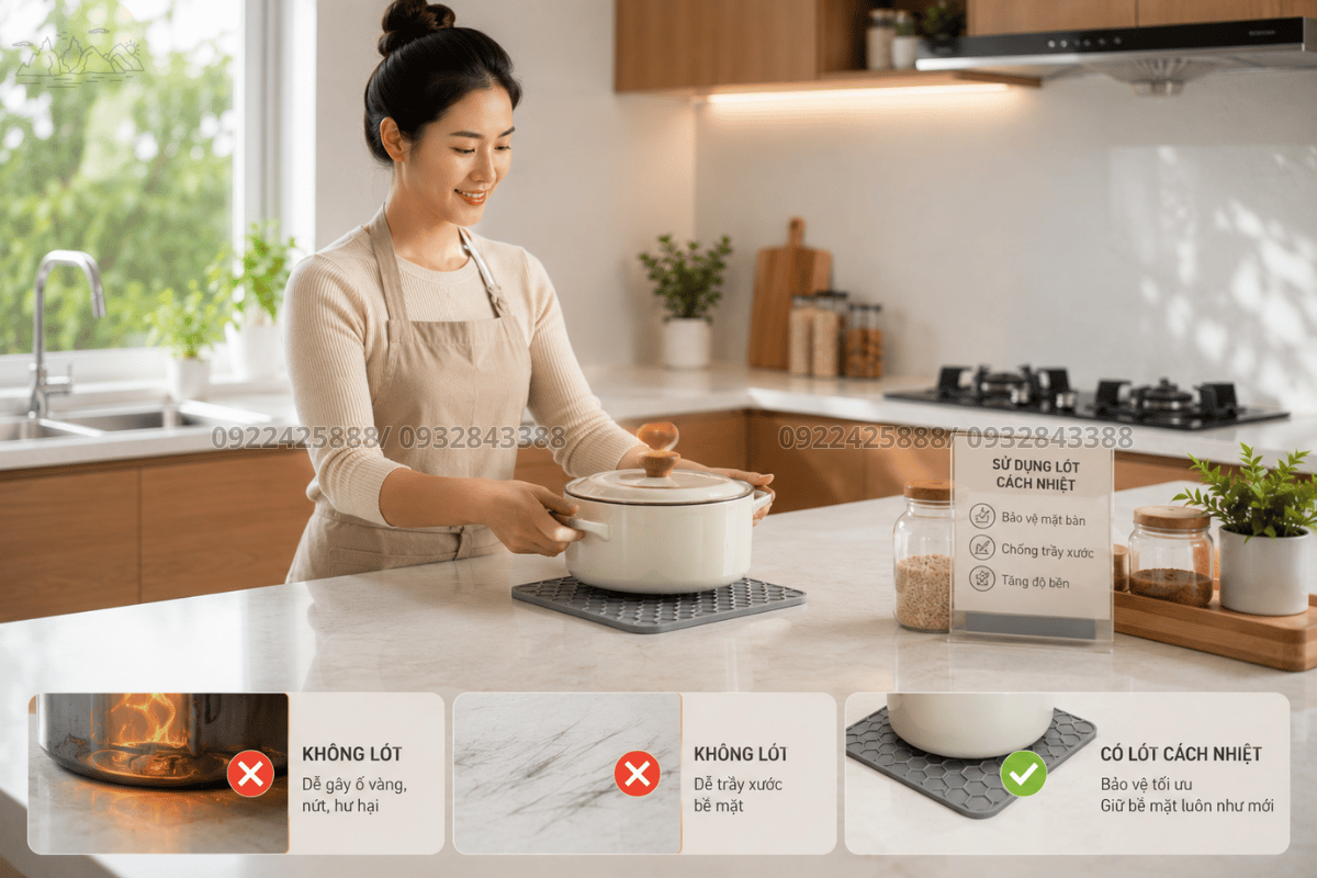 Sử dụng lót cách nhiệt để bảo vệ mặt bàn bếp khỏi hư hại
