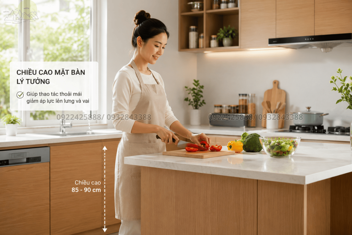 Thiết kế bàn bếp theo kích thước tiêu chuẩn giúp người dùng thoải mái khi thao tác