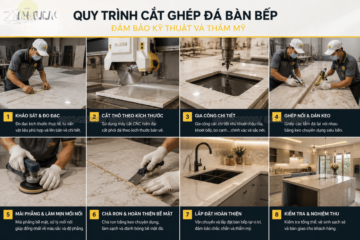 Quy trình cắt ghép đá bàn bếp đảm bảo kỹ thuật và thẩm mỹ