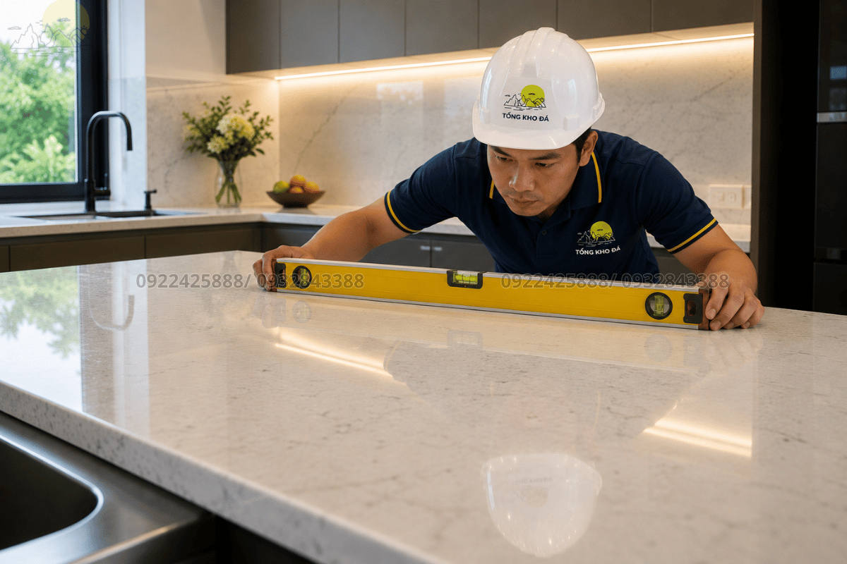 Kiểm tra độ phẳng mặt bàn bếp sau khi hoàn thiện thi công