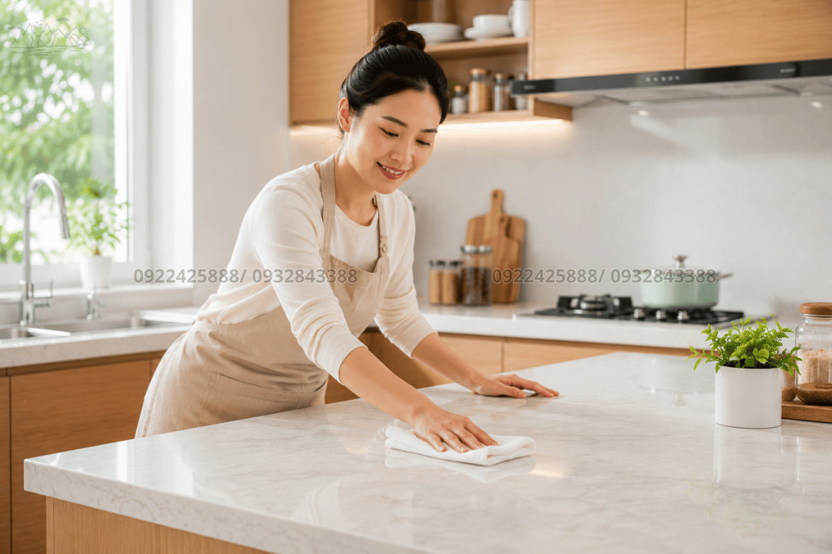 Vệ sinh thường xuyên giúp bề mặt đá bàn bếp luôn sáng đẹp