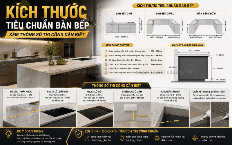 Kích Thước Tiêu Chuẩn Bàn Bếp Kèm Thông Số Thi Công Cần Biết 