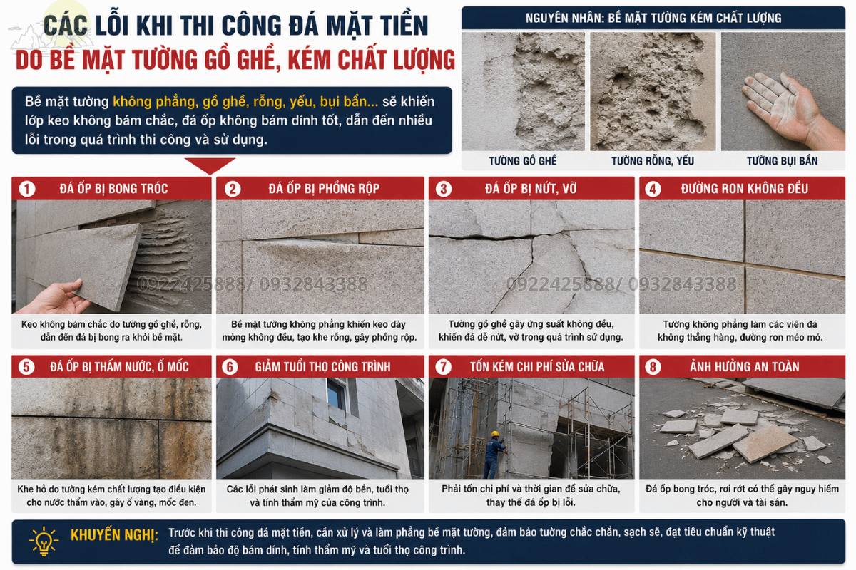 Các lỗi khi thi công đá mặt tiền do bề mặt tường gồ ghề, kém chất lượng