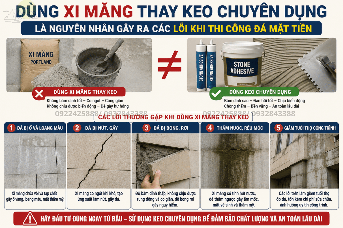 Dùng xi măng thay keo chuyên dụng là nguyên nhân gây ra các lỗi khi thi công đá mặt tiền