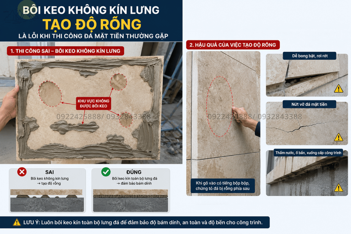 Bôi keo không kín lưng tạo độ rỗng là lỗi khi thi công đá mặt tiền thường gặp