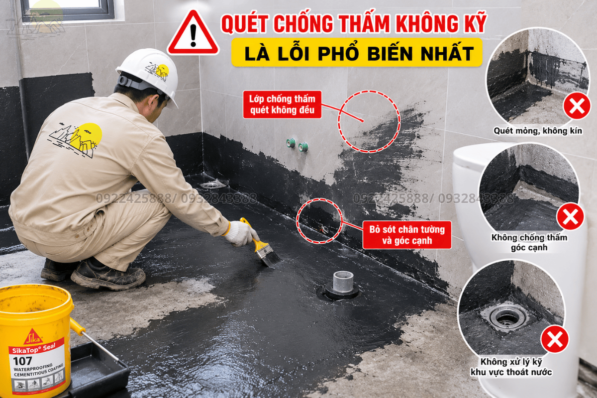 Quét chống thấm không kỹ là lỗi khi thi công nhà vệ sinh phổ biến nhất