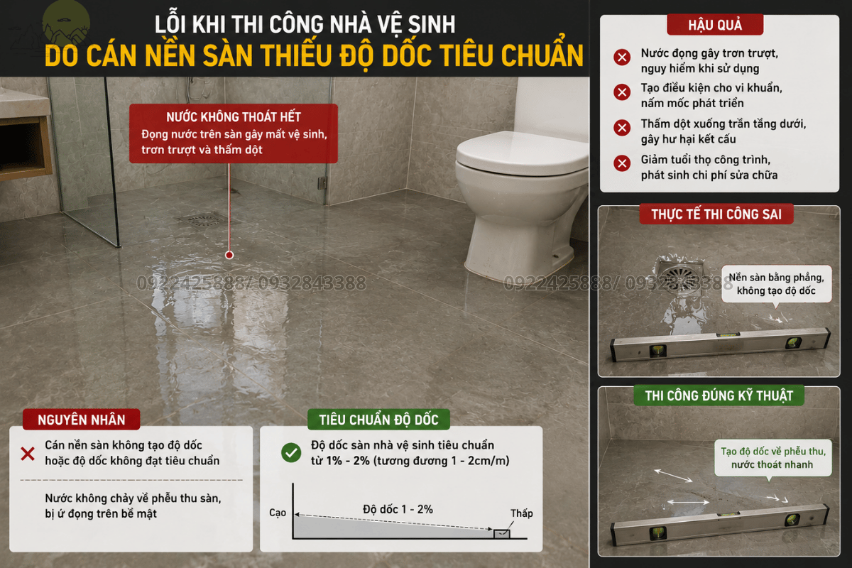 Lỗi khi thi công nhà vệ sinh do cán nền sàn thiếu độ dốc tiêu chuẩn