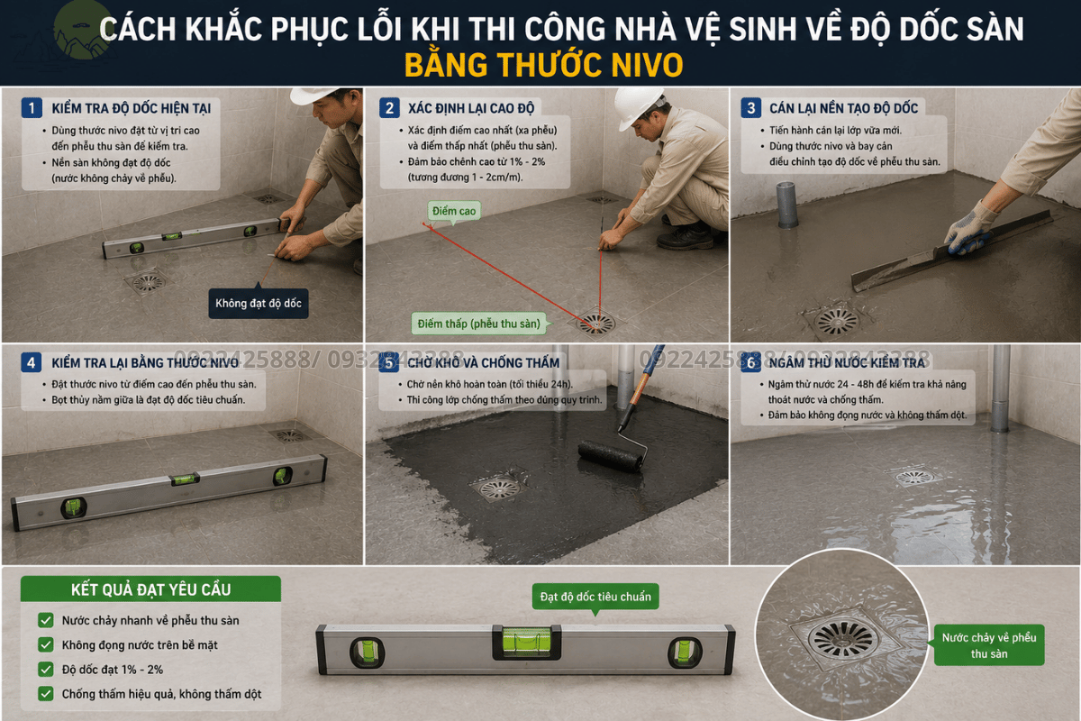 Cách khắc phục lỗi khi thi công nhà vệ sinh về độ dốc sàn bằng thước nivo
