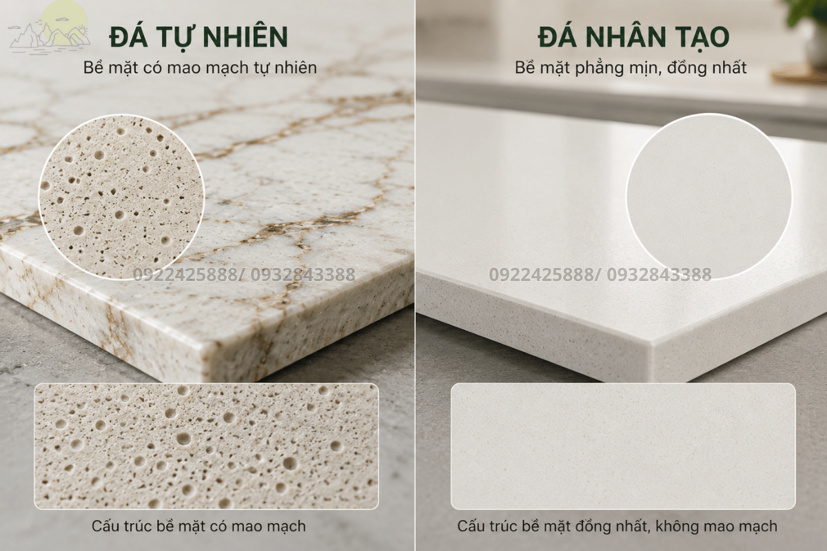 Nên dùng đá tự nhiên hay nhân tạo cho cầu thang so sánh cấu tạo bề mặt