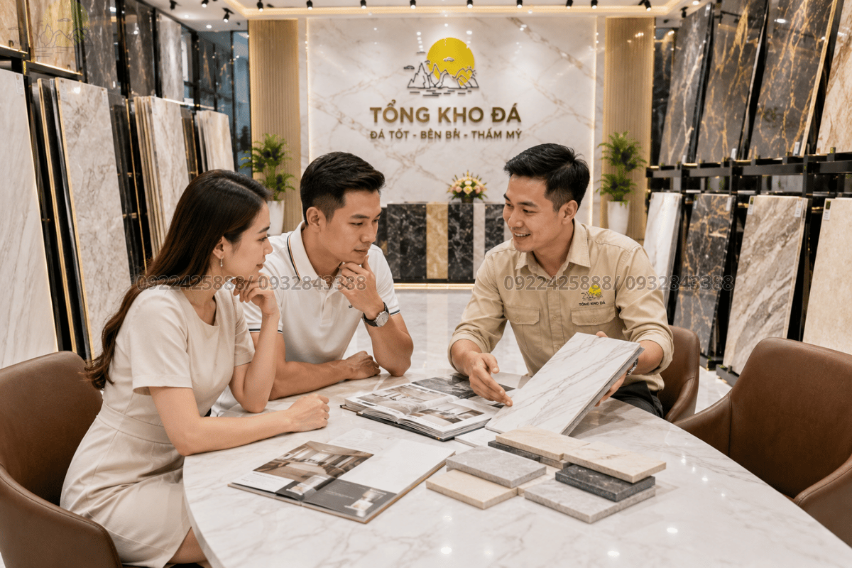 Hình ảnh nhân viên kỹ thuật tư vấn giải pháp đá ốp cho khách hàng