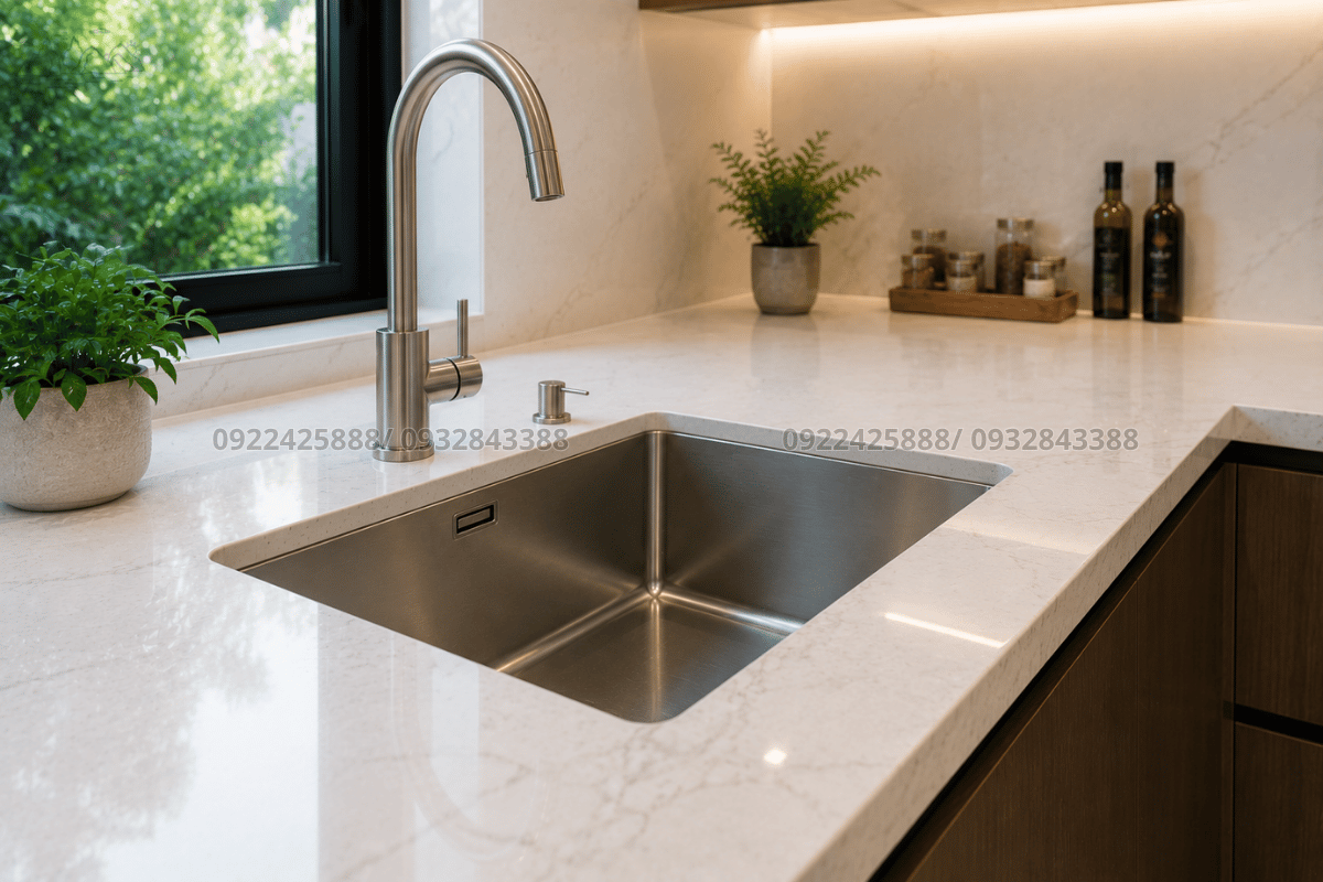 Chi tiết hoàn thiện khi thi công bàn bếp có lavabo