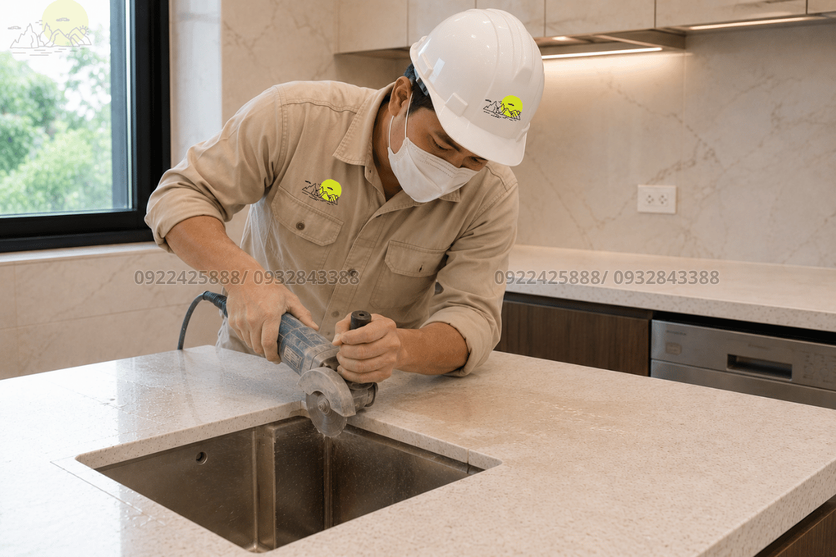 Gia cố khung đỡ trong thi công bàn bếp có lavabo