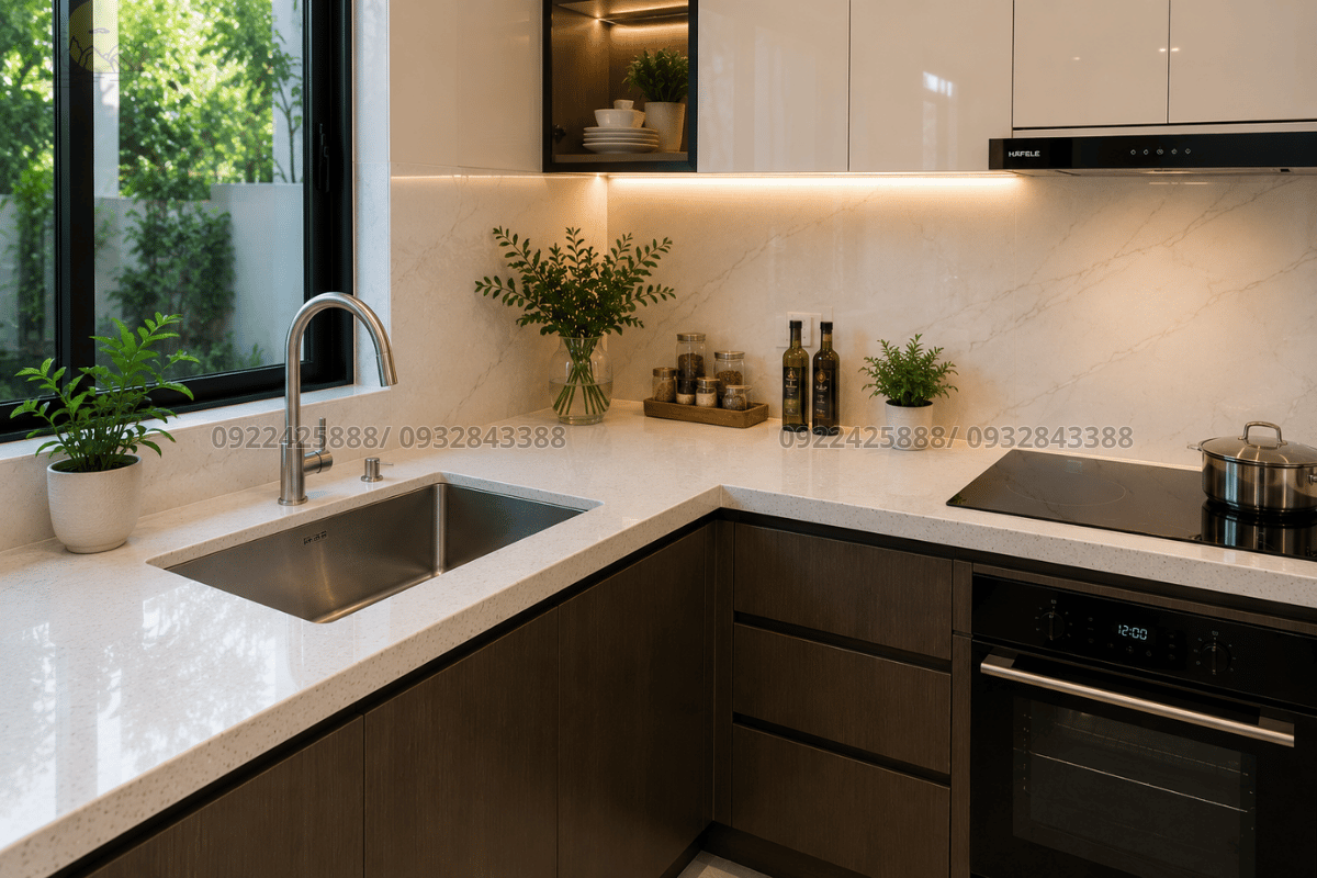 Kết quả hoàn mỹ sau khi thi công bàn bếp có lavabo