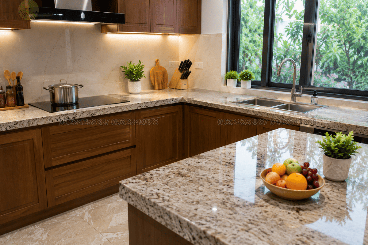 Độ bền vượt trội khi thi công mặt bàn bếp chữ L của Tổng Kho Đá