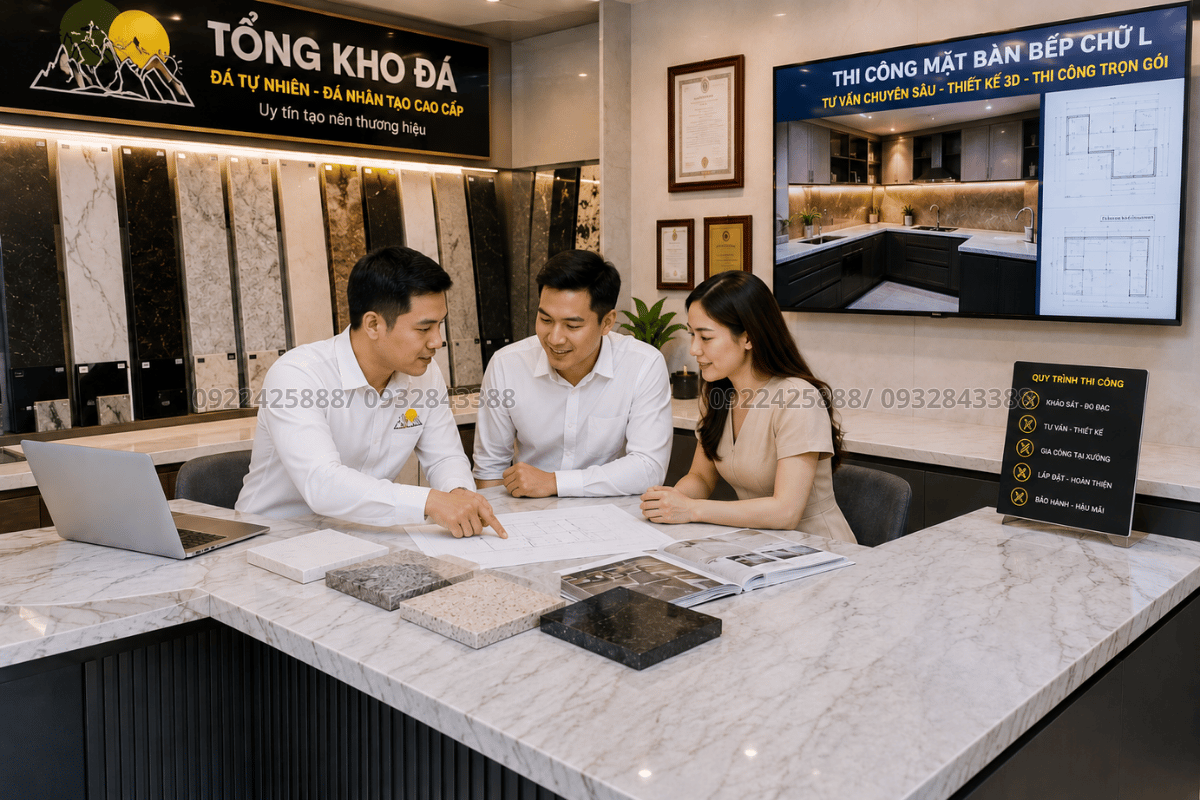 Tư vấn chuyên sâu về thi công mặt bàn bếp chữ L tại showroom