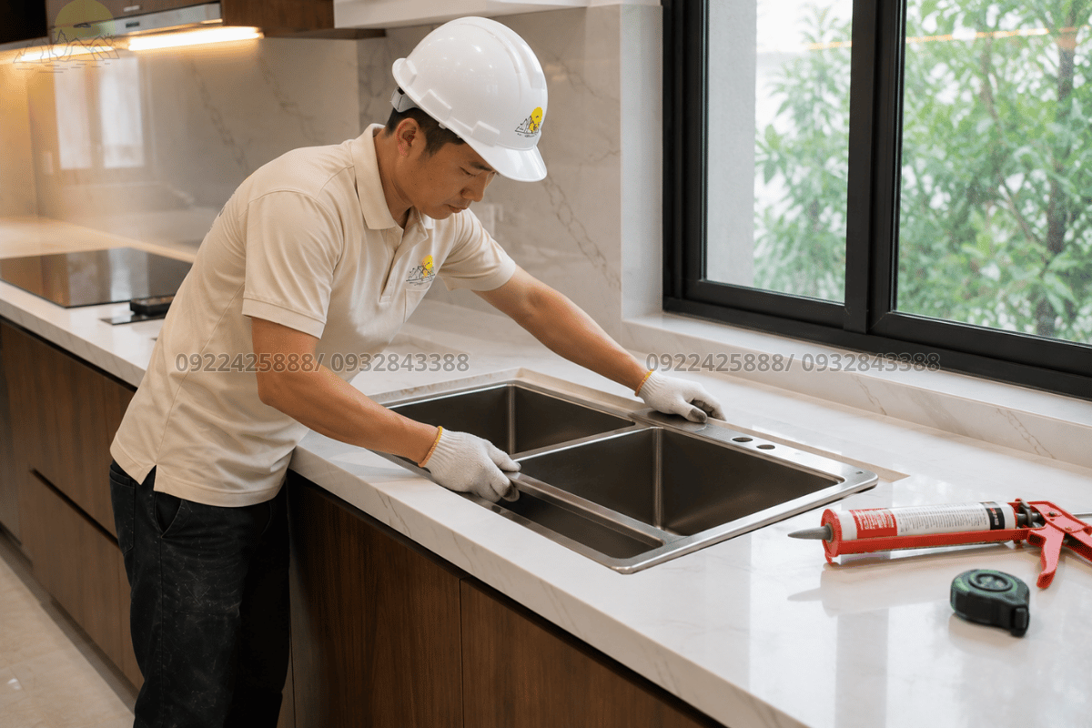 Thi công mặt bàn bếp chữ L tích hợp chậu rửa khoa học