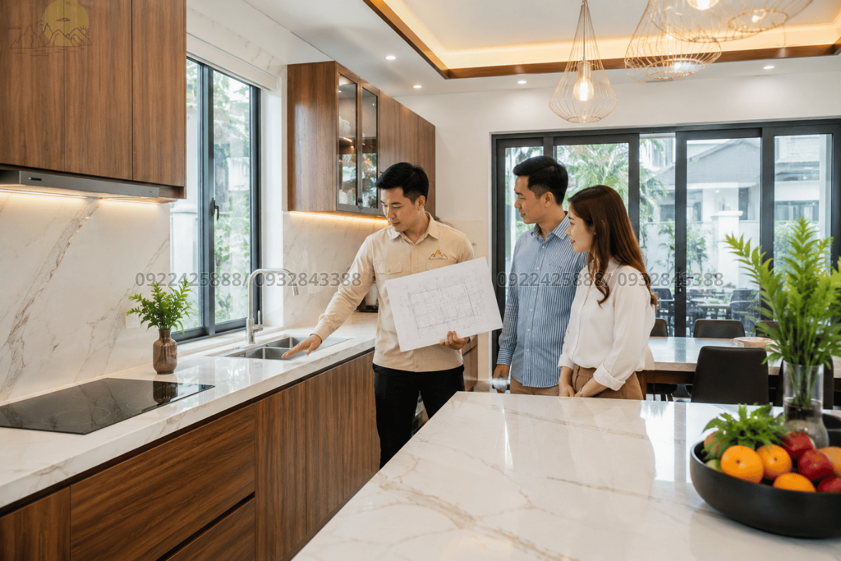 Thi công mặt bàn bếp chữ L mang lại vẻ đẹp đẳng cấp cho ngôi nhà