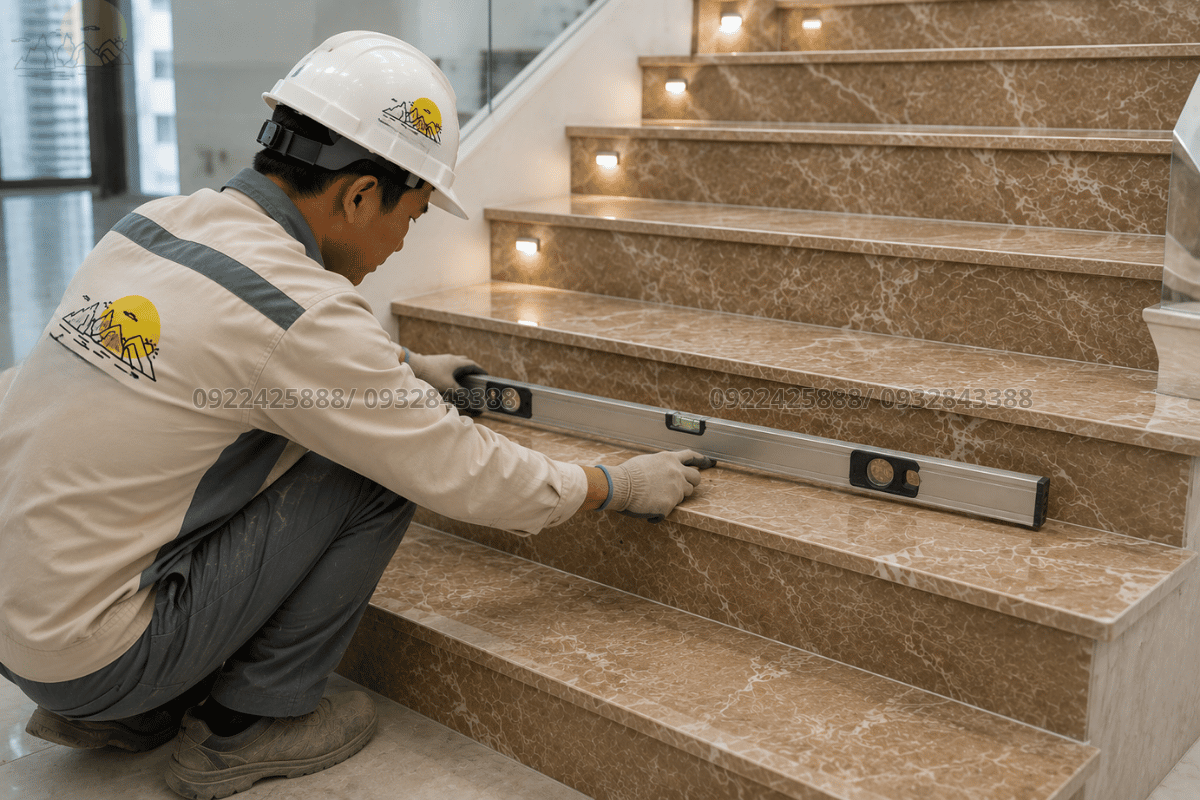 Hình ảnh kiểm tra độ phẳng của bậc thang sau khi hoàn thiện