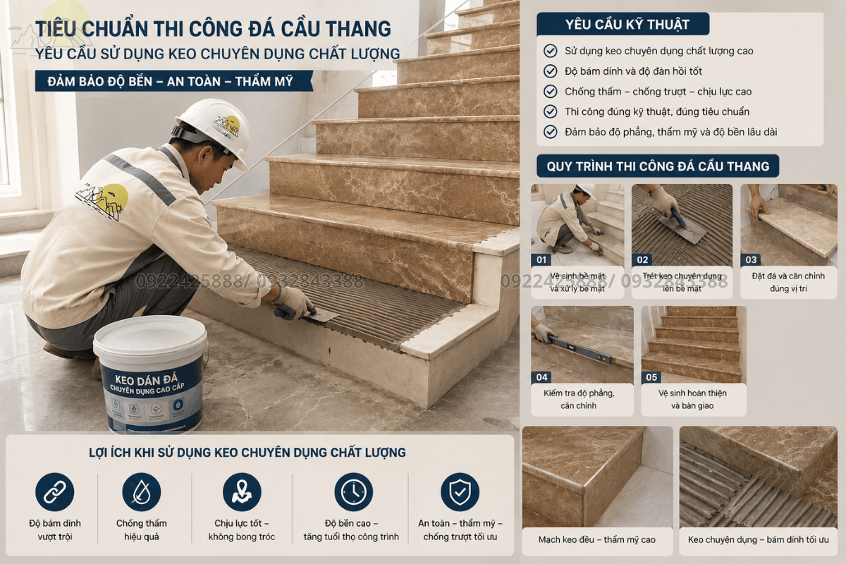 Tiêu chuẩn thi công đá cầu thang yêu cầu sử dụng keo chuyên dụng chất lượng