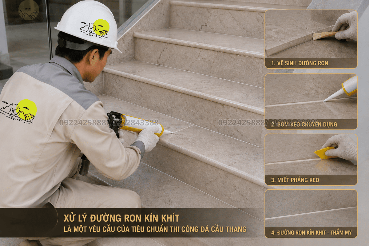 Xử lý đường ron kín khít là một yêu cầu của tiêu chuẩn thi công đá cầu thang