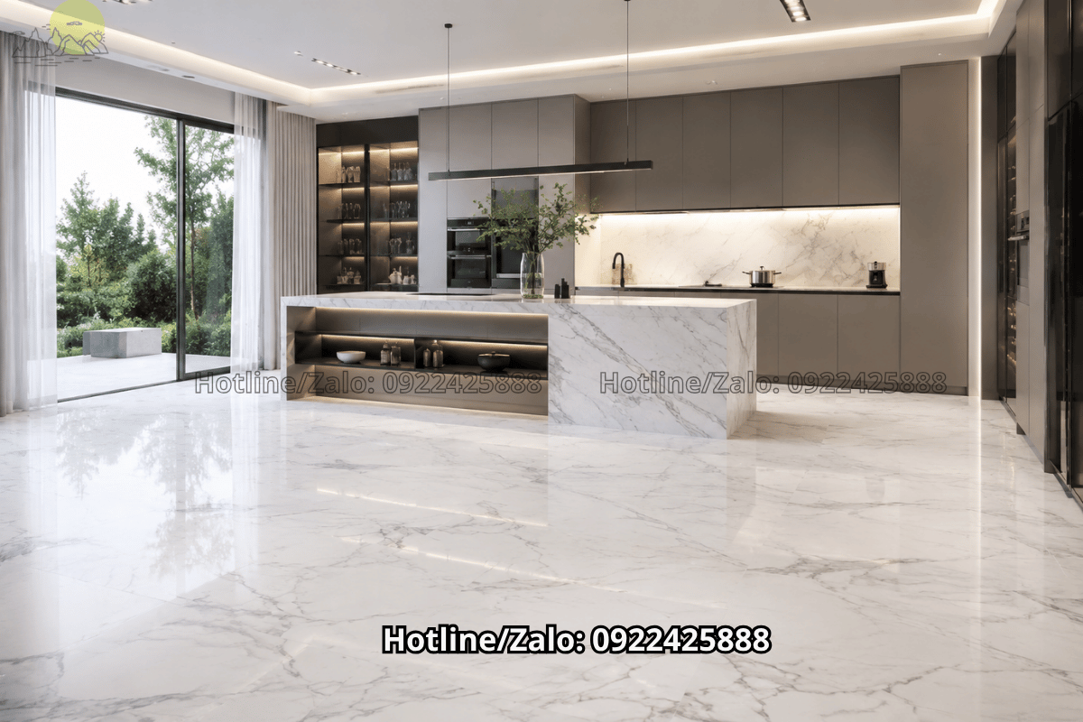 đá lát sàn bếp hiện đại bằng đá marble trắng xám sang trọng